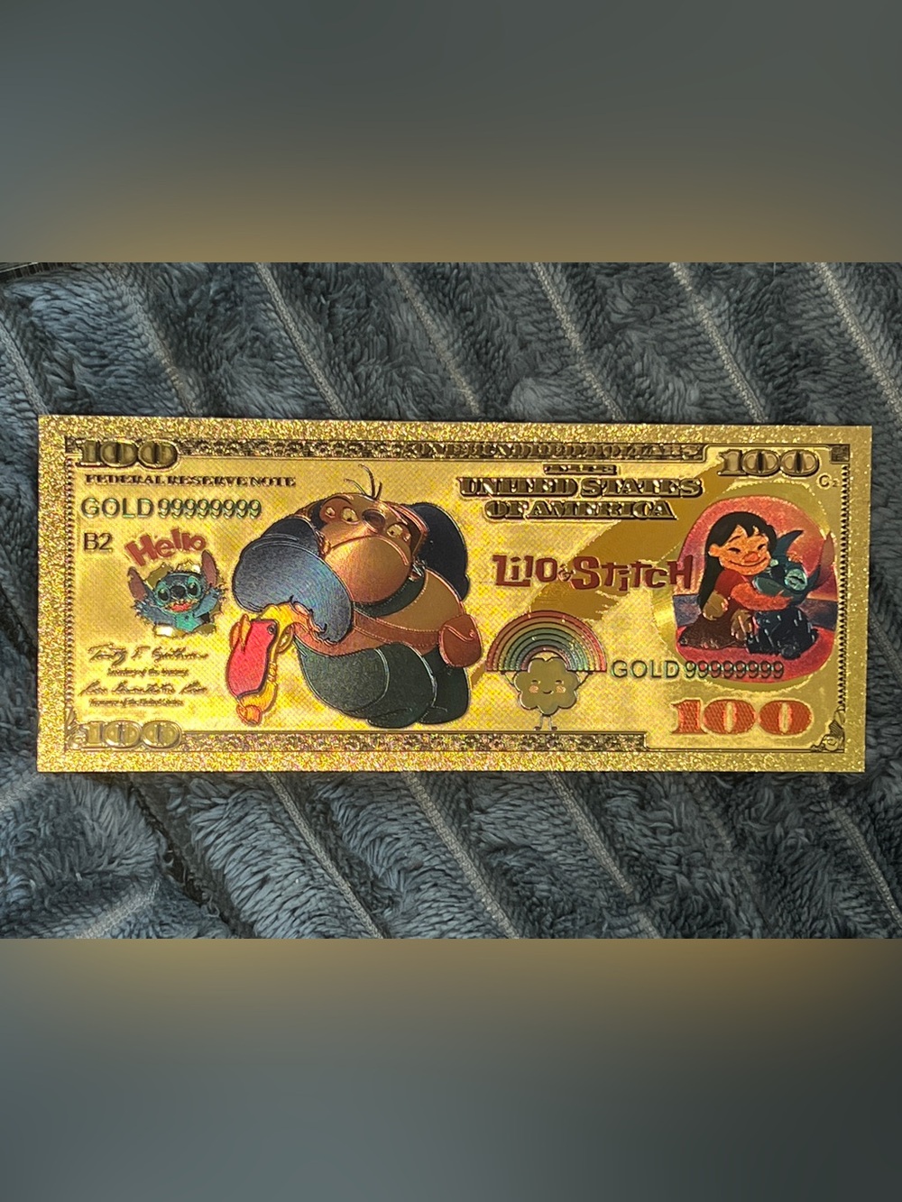 24k Gold Foil Plated Lilo & Stitch $100 Banknote Disney Collectible